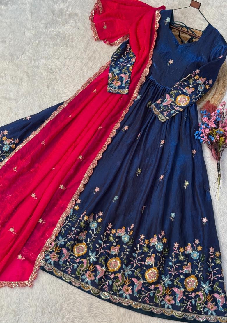 Navy Blue Zari Work Silk Blend Kurta With Dupatta - Indya