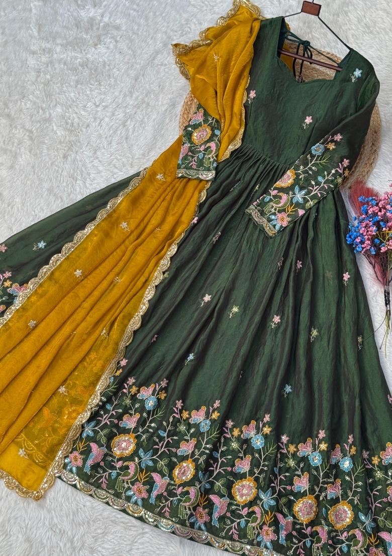 Mehendi Zari Work Silk Blend Kurta With Dupatta - Indya