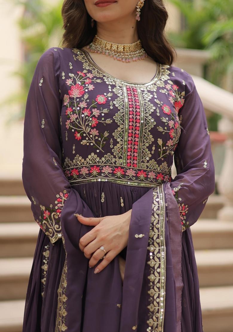 Violet Embroidered Georgette Kurta Set - Indya