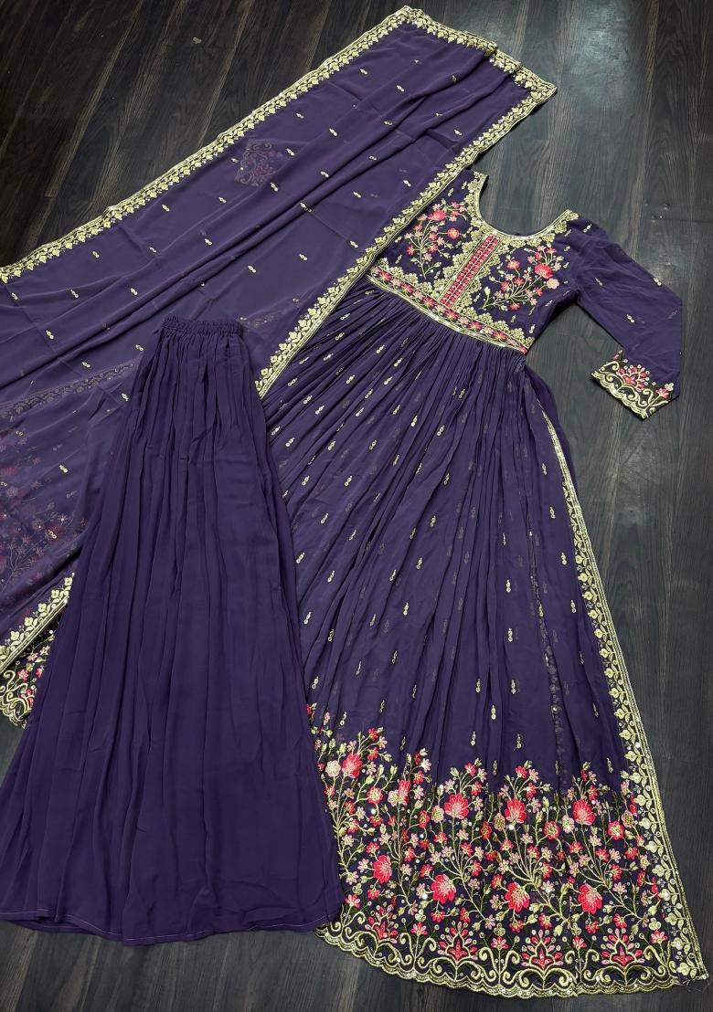 Violet Embroidered Georgette Kurta Set - Indya