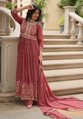 Dark Peach Embroidered Georgette Kurta Set