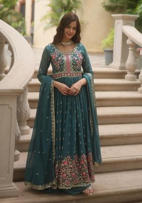 Blue Embroidered Georgette Kurta Set