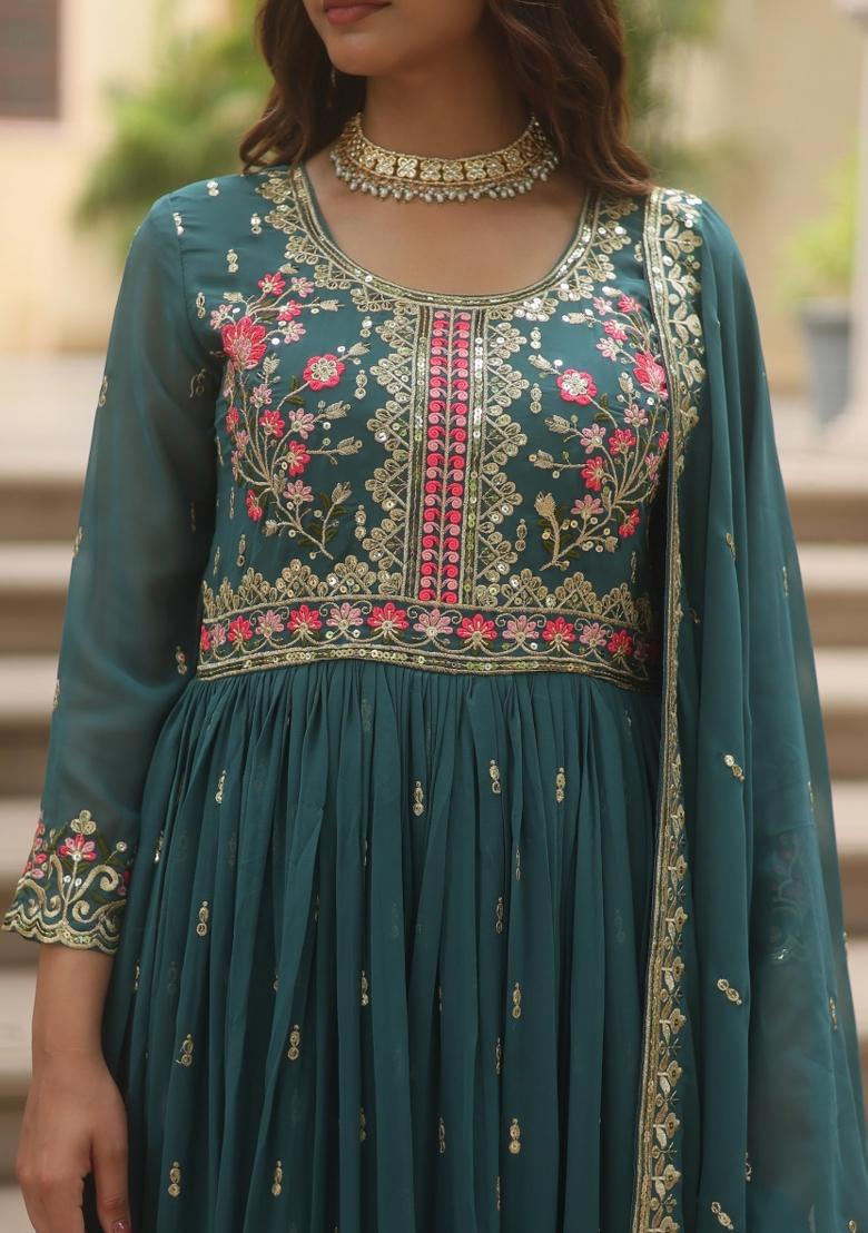 Blue Embroidered Georgette Kurta Set - Indya