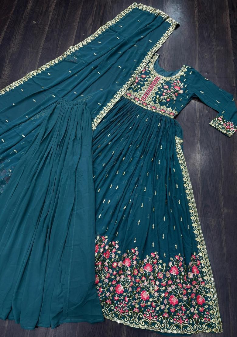 Blue Embroidered Georgette Kurta Set - Indya