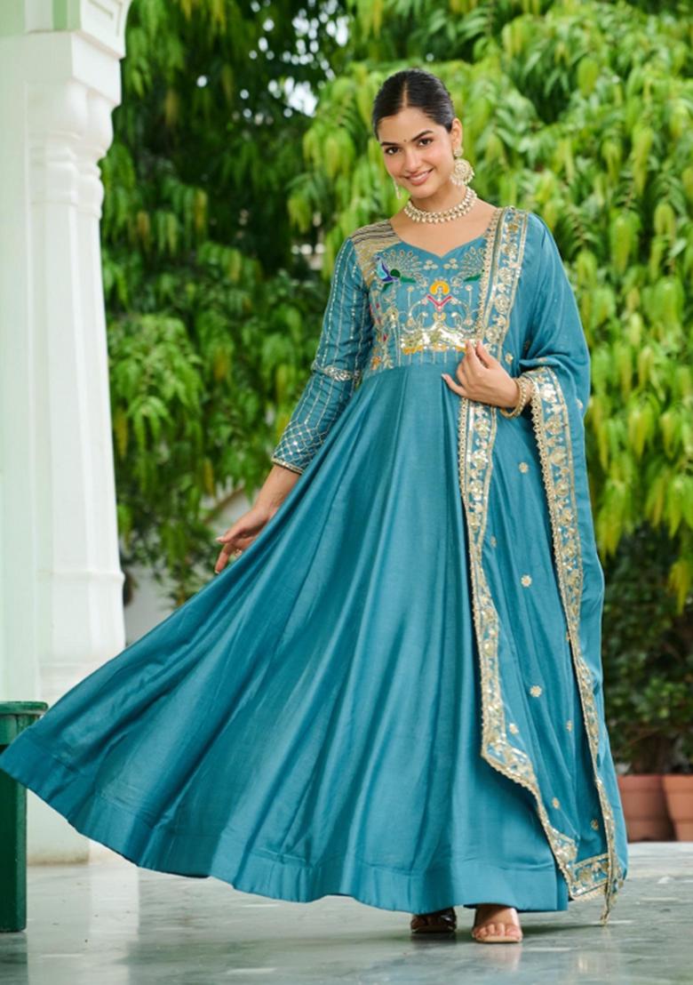 Blue Embroidered Silk Blend Kurta With Dupatta - Indya