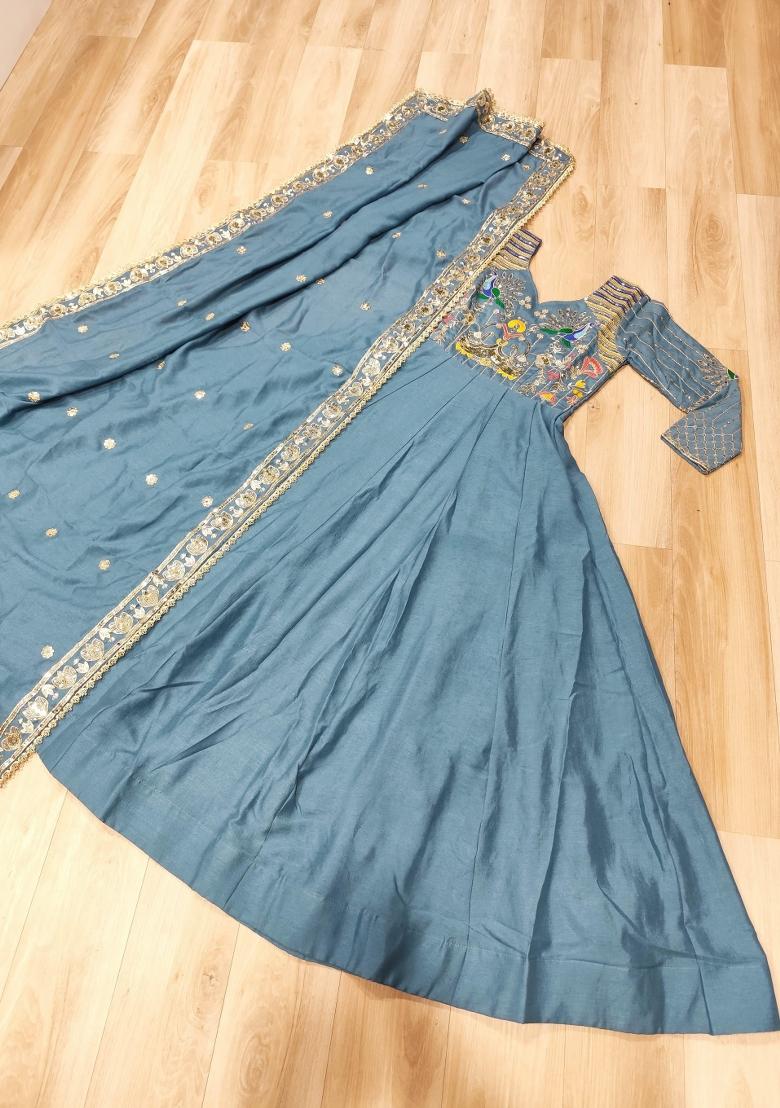 Blue Embroidered Silk Blend Kurta With Dupatta - Indya