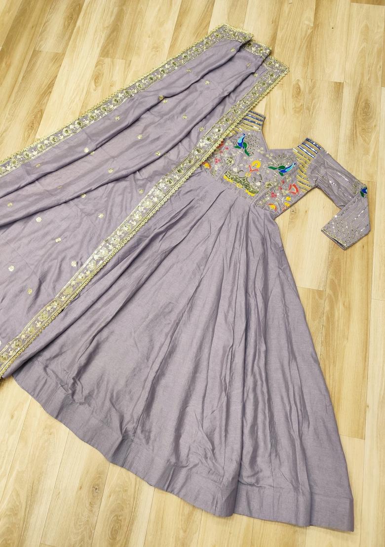 Lavender Embroidered Silk Blend Kurta With Dupatta - Indya