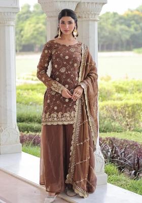 Brown Embroidered Silk Blend Kurta Set