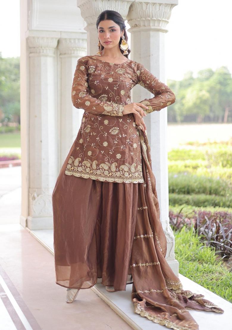 Brown Embroidered Silk Blend Kurta Set - Indya