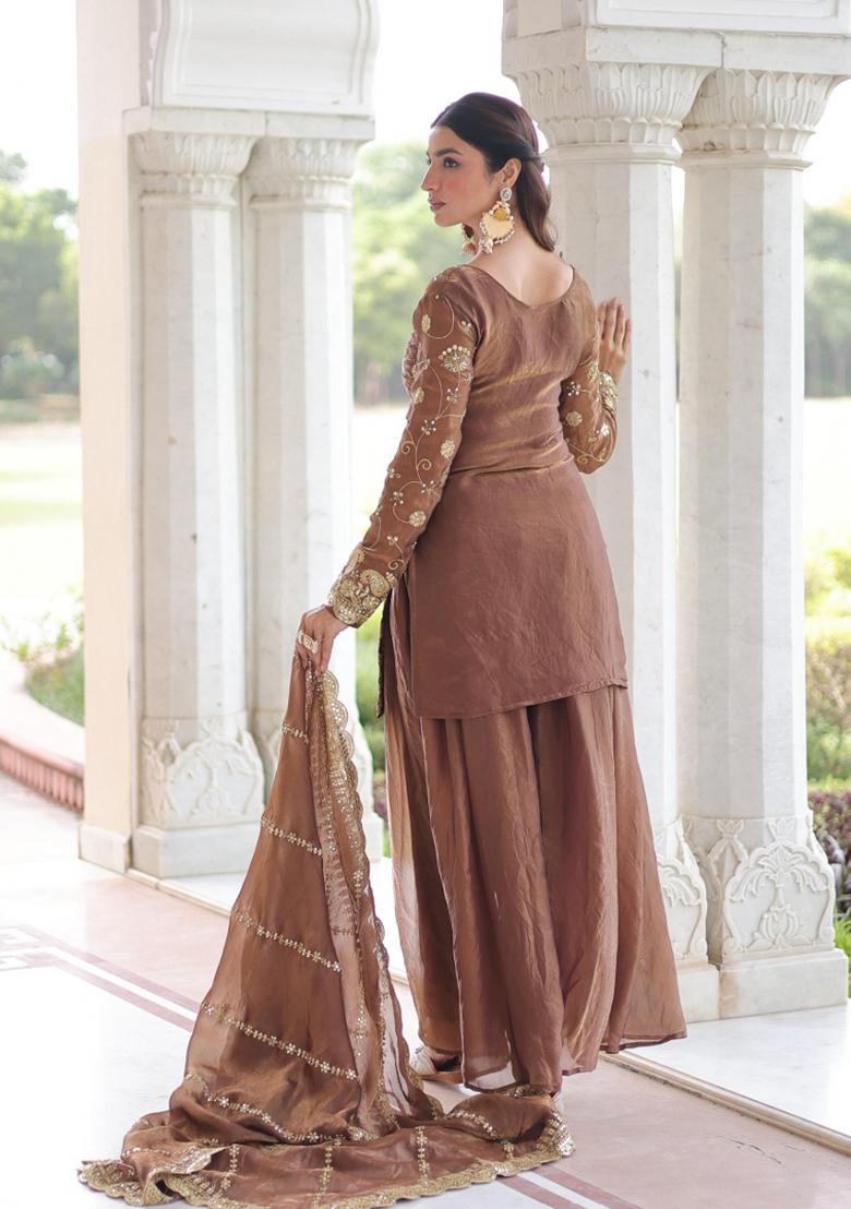 Brown Embroidered Silk Blend Kurta Set - Indya