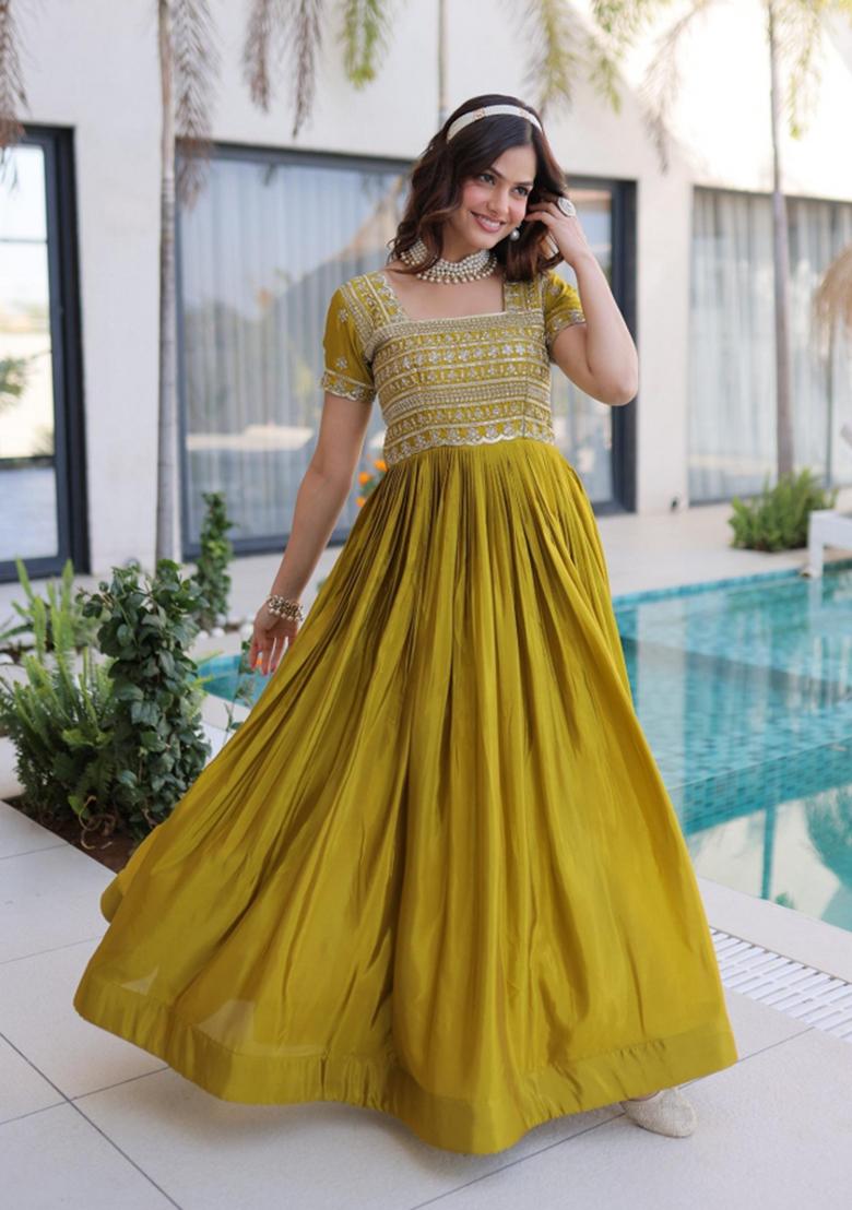 Mustard Embroidered Silk Blend Kurta - Indya