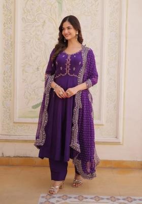 Violet Embroidered Silk Blend Anarkali Set