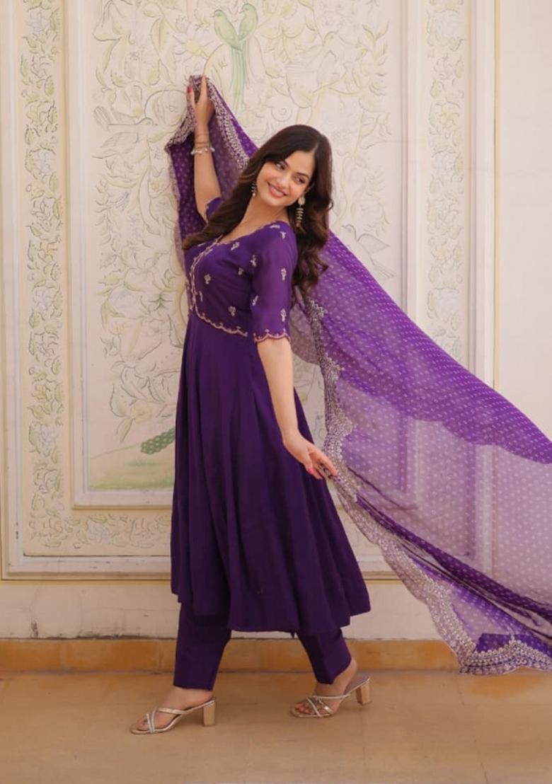 Violet Embroidered Silk Blend Anarkali Set - Indya