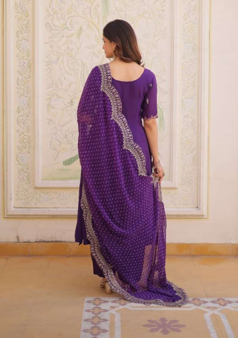Violet Embroidered Silk Blend Anarkali Set - Indya