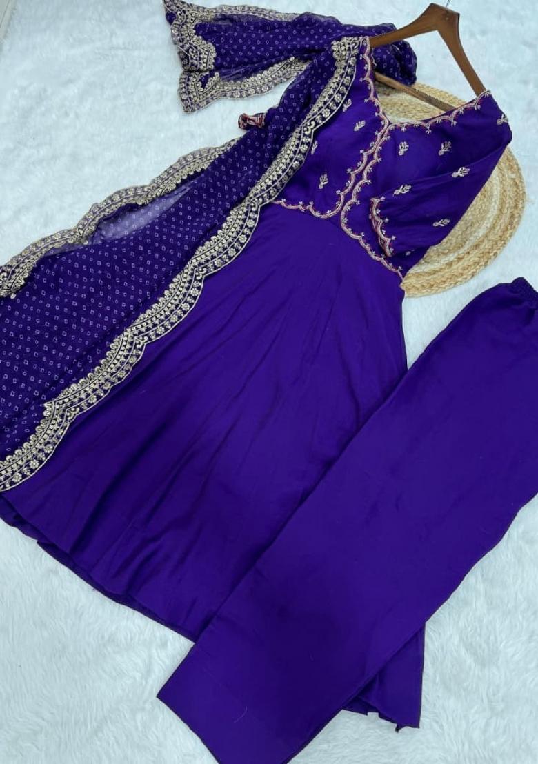 Violet Embroidered Silk Blend Anarkali Set - Indya