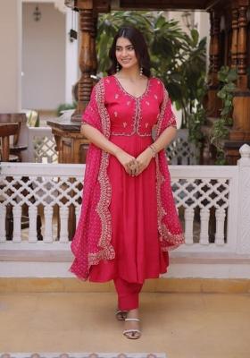 Rani Pink Embroidered Silk Blend Anarkali Set