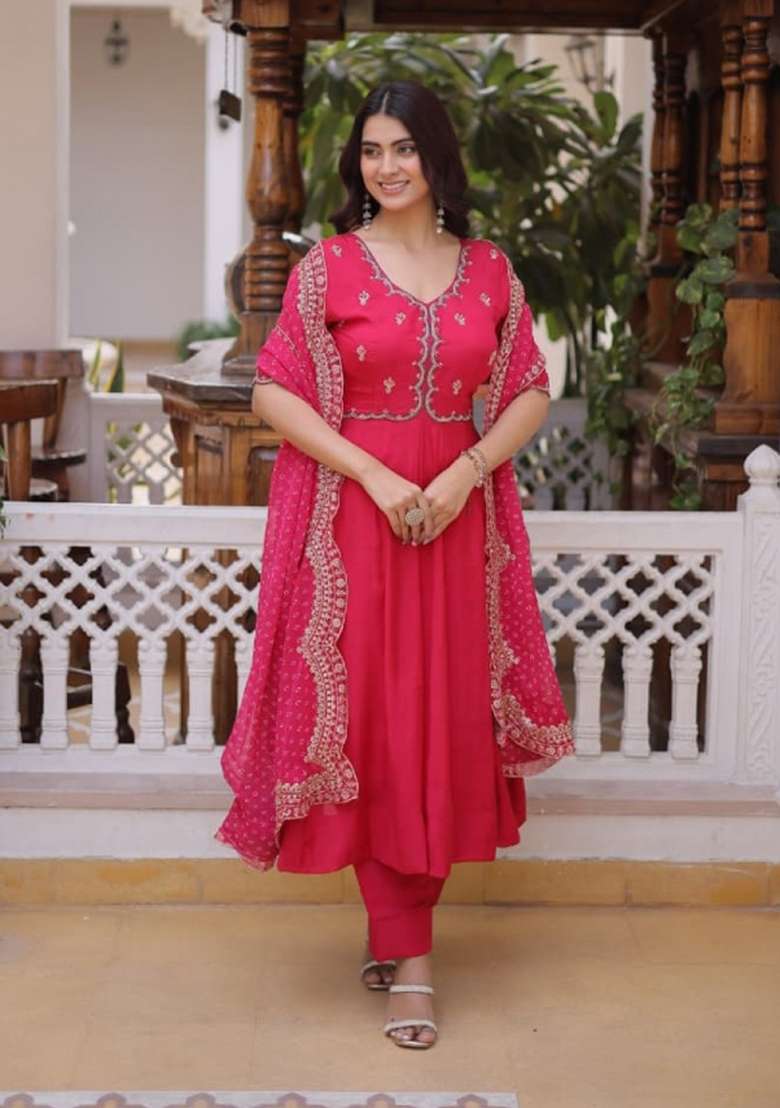 Rani Pink Embroidered Silk Blend Anarkali Set - Indya