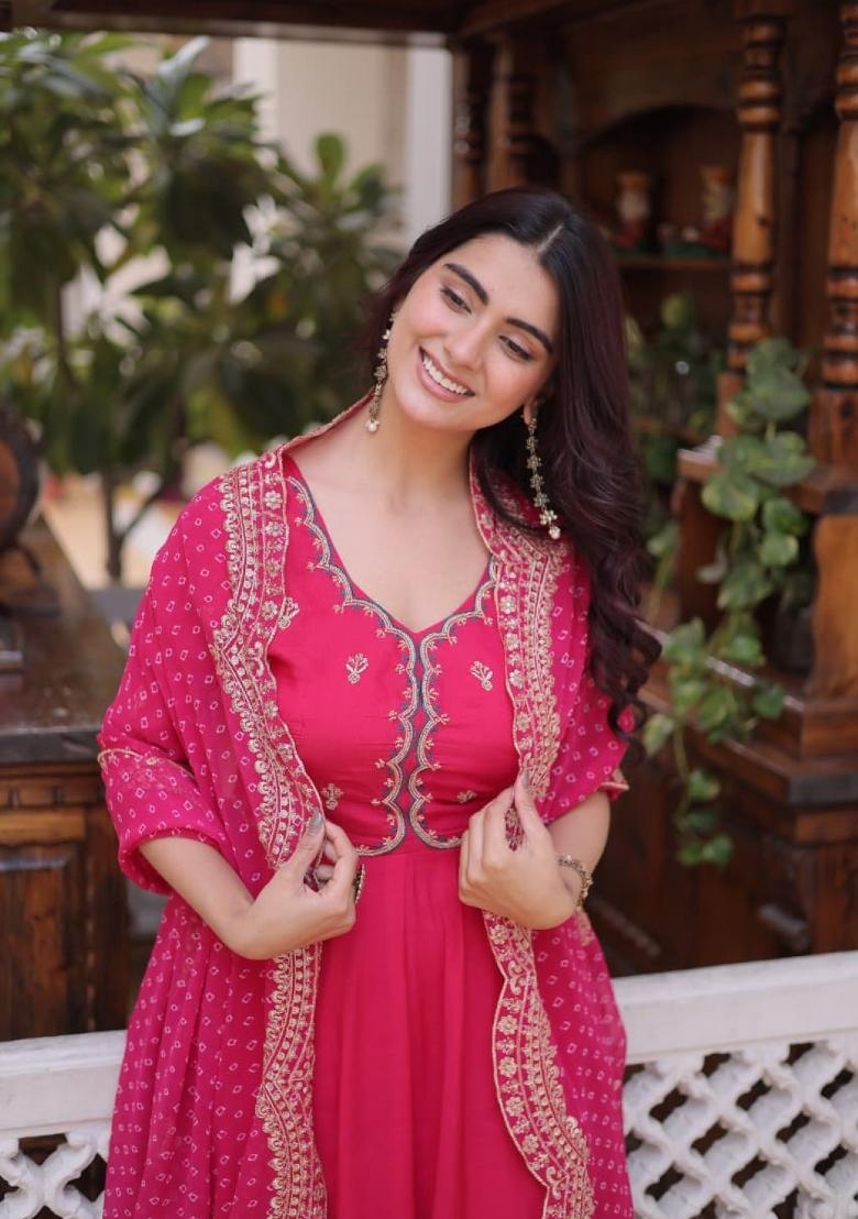 Rani Pink Embroidered Silk Blend Anarkali Set - Indya