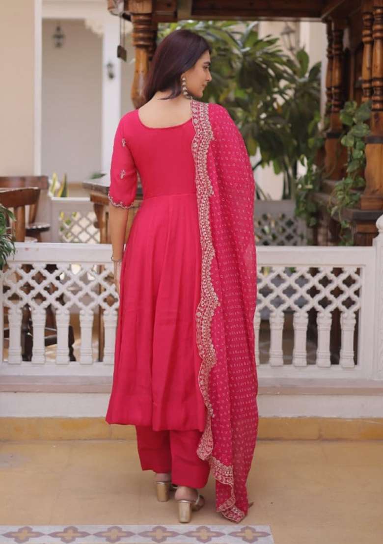 Rani Pink Embroidered Silk Blend Anarkali Set - Indya