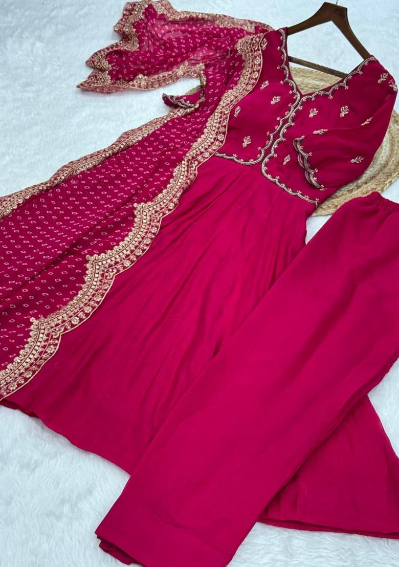 Rani Pink Embroidered Silk Blend Anarkali Set - Indya
