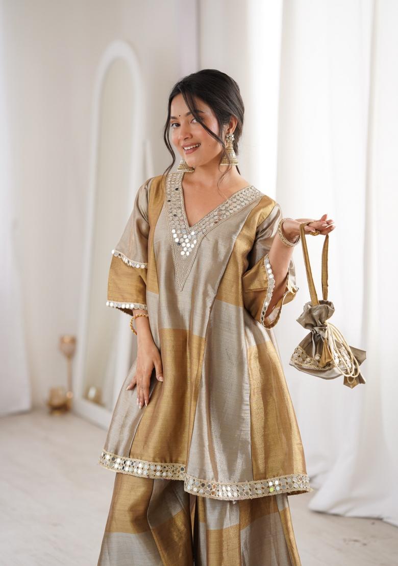 Grey Embroidered Tissue Kurta Set - Indya
