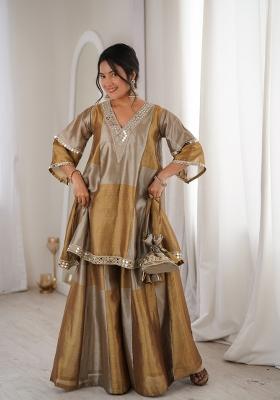 Brown Embroidered Tissue Anarkali Set