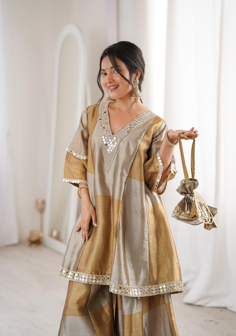 Brown Embroidered Tissue Anarkali Set - Indya