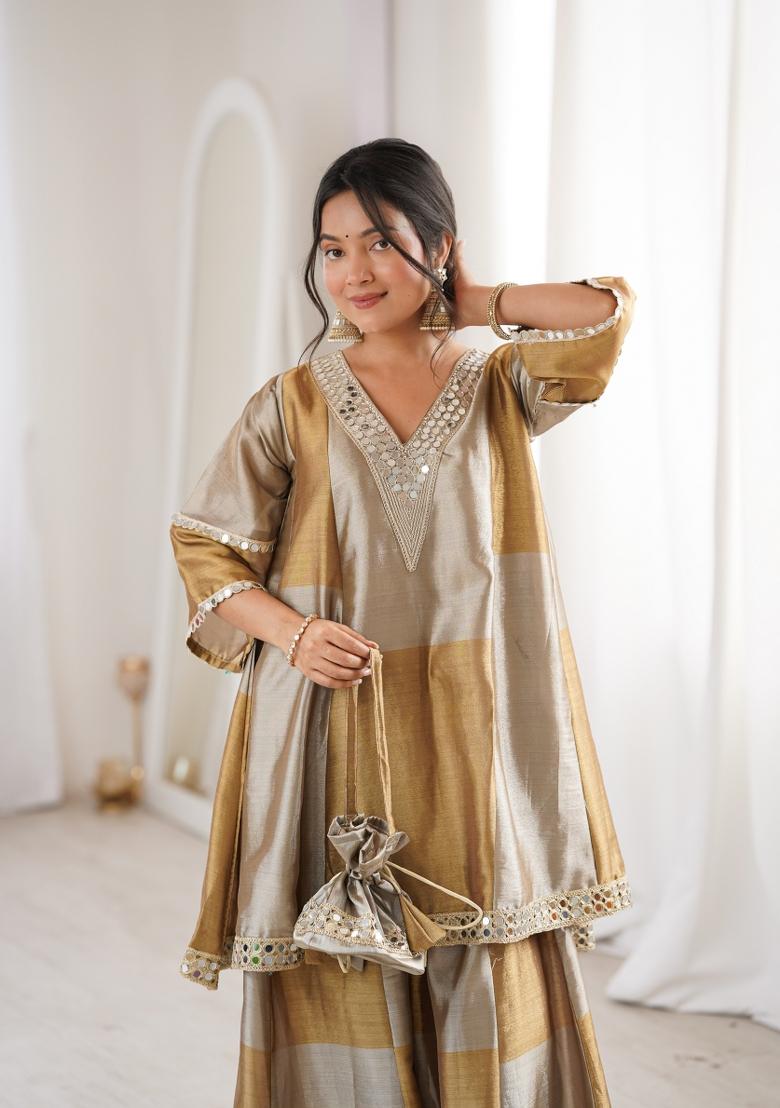 Brown Embroidered Tissue Anarkali Set - Indya