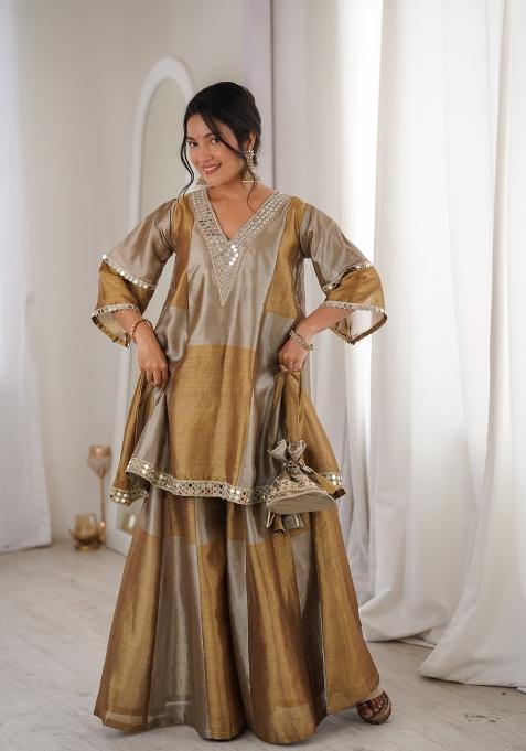 Brown Embroidered Tissue Anarkali Set