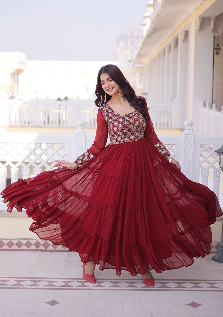 Maroon Sequin Work Faux Blooming Anarkali - Indya