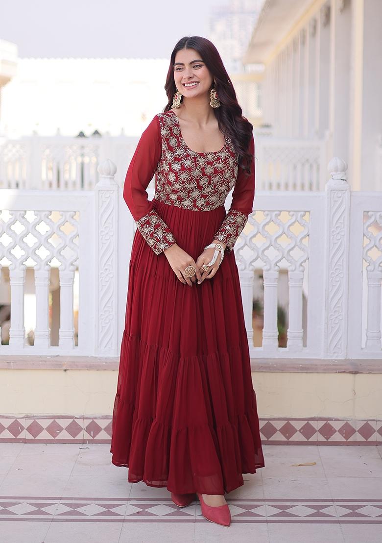 Maroon Sequin Work Faux Blooming Anarkali - Indya