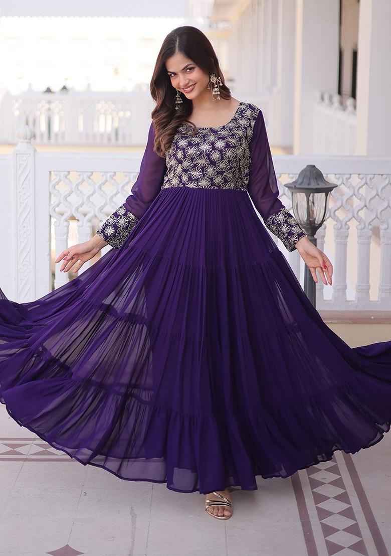 Purple Sequin Work Faux Blooming Anarkali - Indya