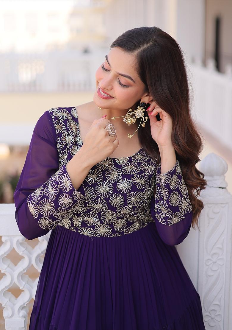 Purple Sequin Work Faux Blooming Anarkali - Indya