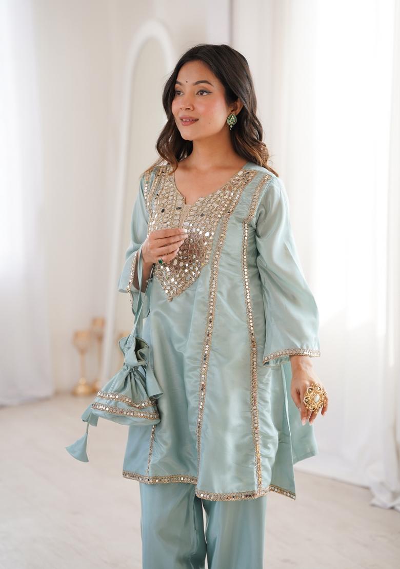 Sky Blue Embroidered H O Fabric Anarkali Set - Indya