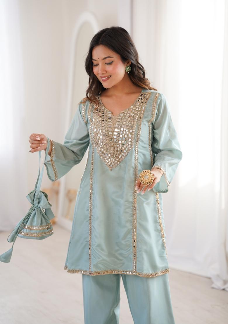 Sky Blue Embroidered H O Fabric Anarkali Set - Indya
