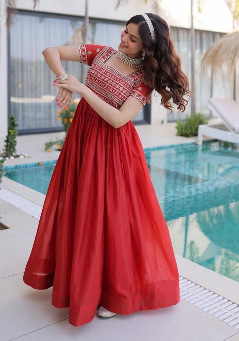 Orange Sequin Work H O Fabric Anarkali