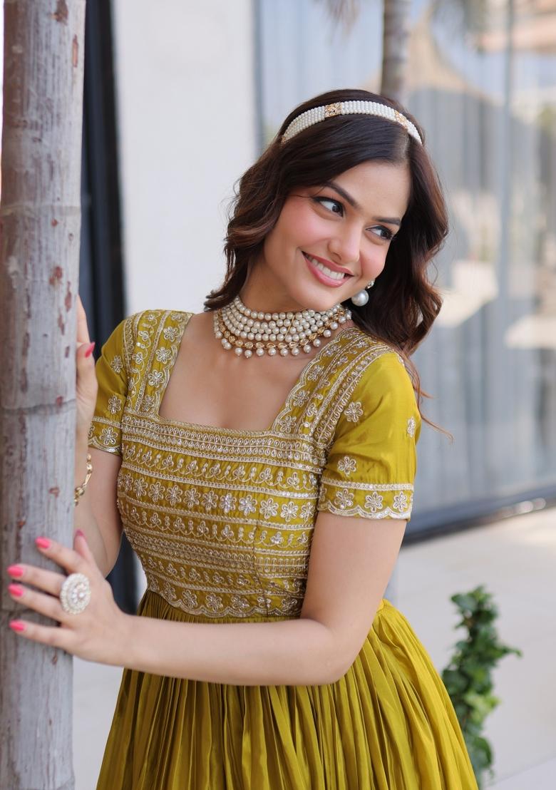Mehendi Sequin Work H O Fabric Anarkali - Indya