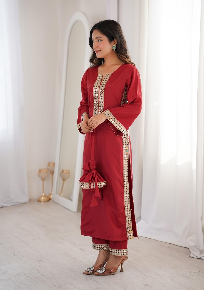 Maroon Mirror Work Crepe Anarkali Set - Indya
