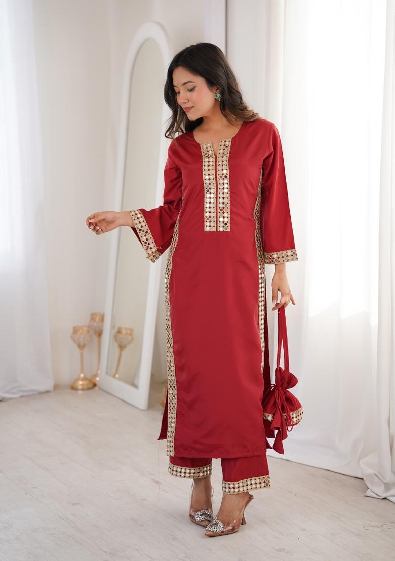 Maroon Mirror Work Crepe Anarkali Set - Indya