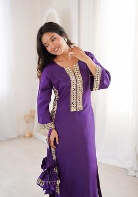 Purple Mirror Work Crepe Anarkali Set