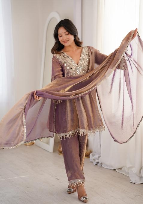 Purple Embroidered Fendi Anarkali Set