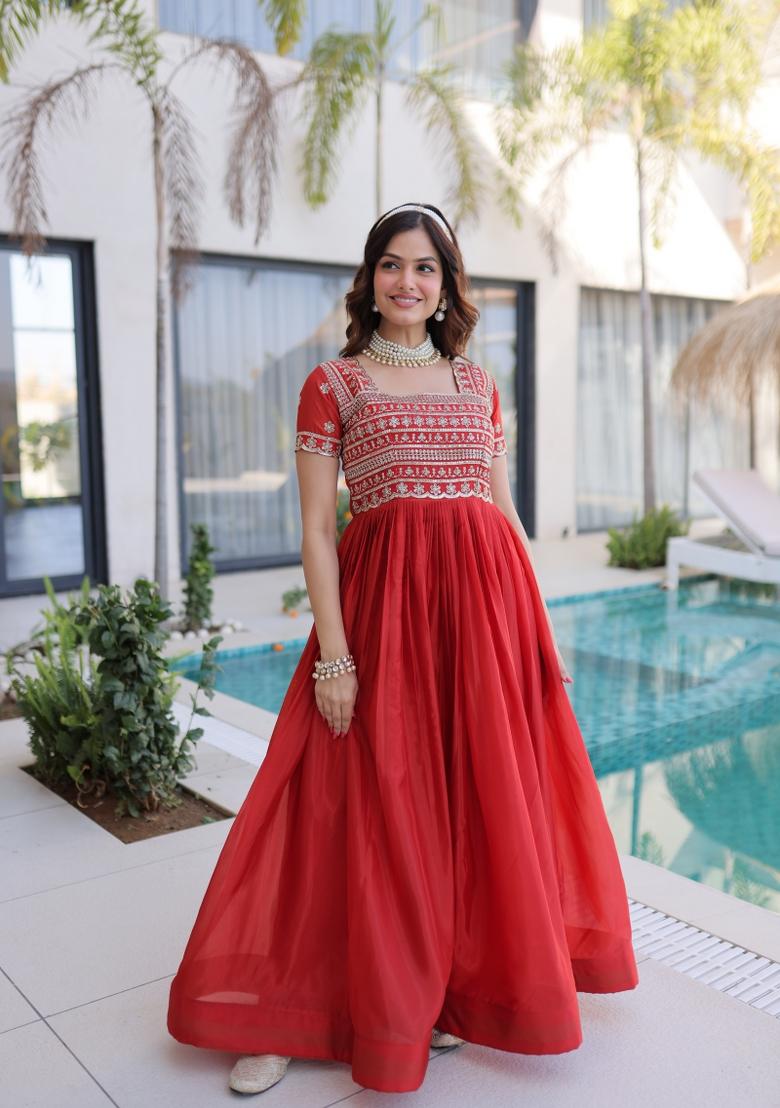 Orange Sequin Work H O Fabric Anarkali - Indya