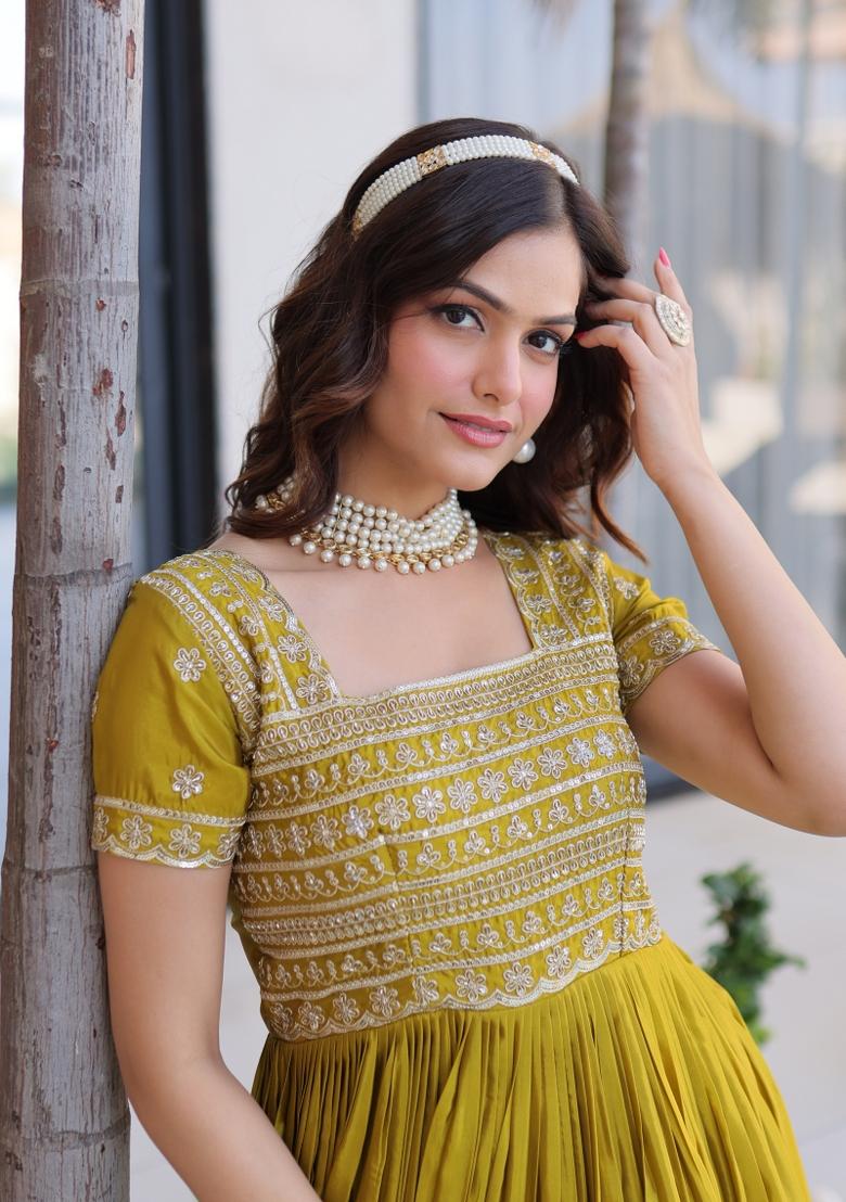 Mehendi Sequin Work H O Fabric Anarkali - Indya