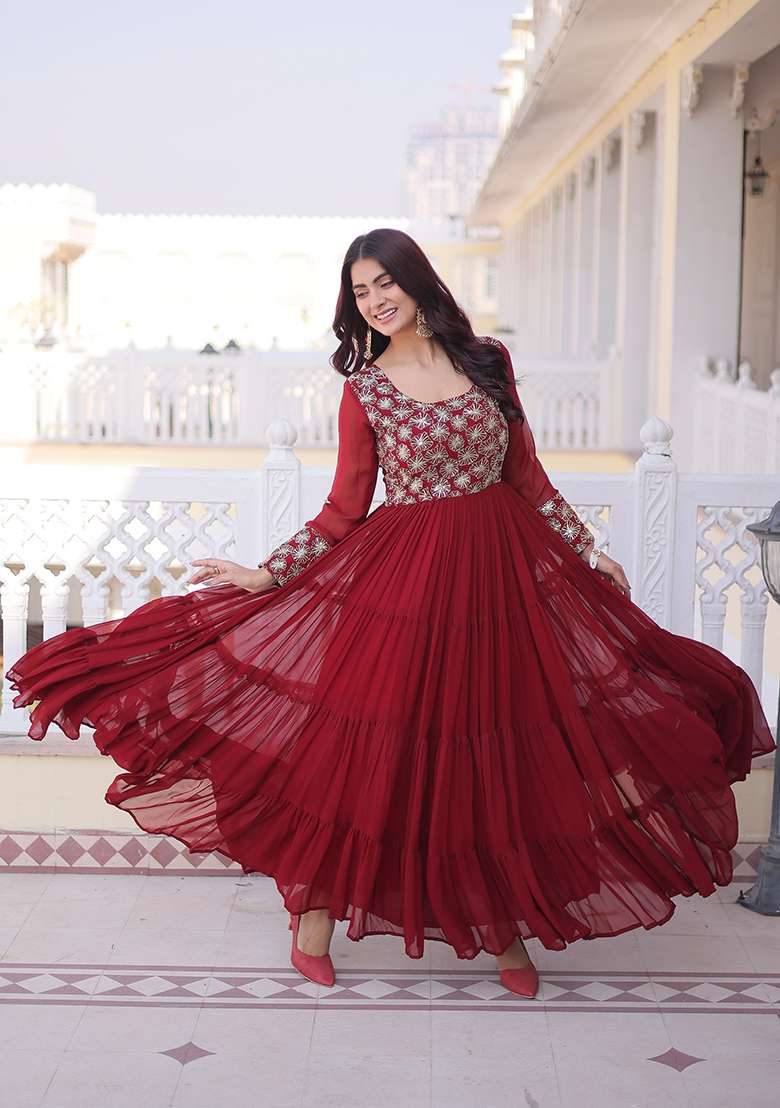 Maroon Sequin Work Faux Blooming Anarkali - Indya