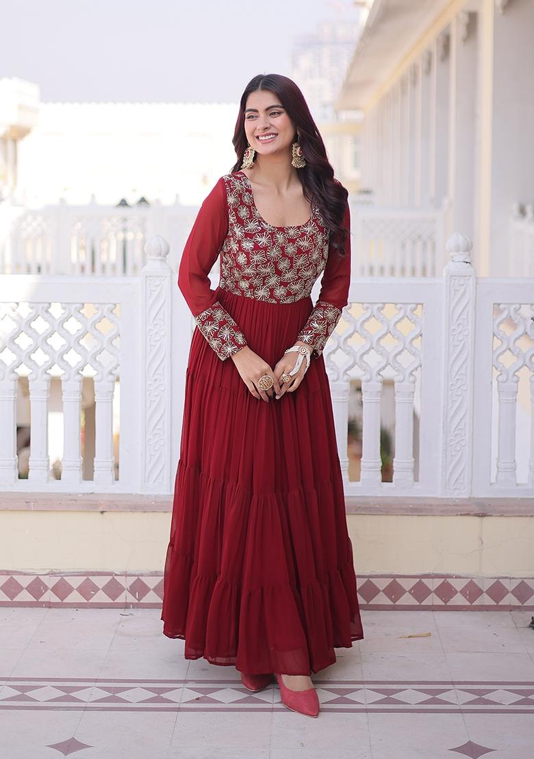 Maroon Sequin Work Faux Blooming Anarkali - Indya