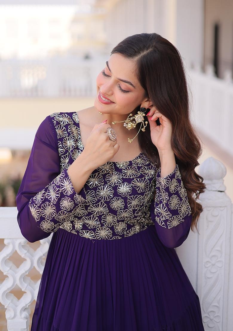 Purple Sequin Work Faux Blooming Anarkali - Indya