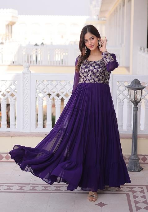 Purple Sequin Work Faux Blooming Anarkali