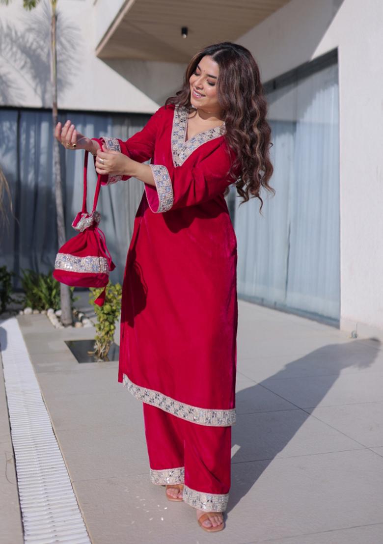 Pink Embroidered Velvet Anarkali Set - Indya