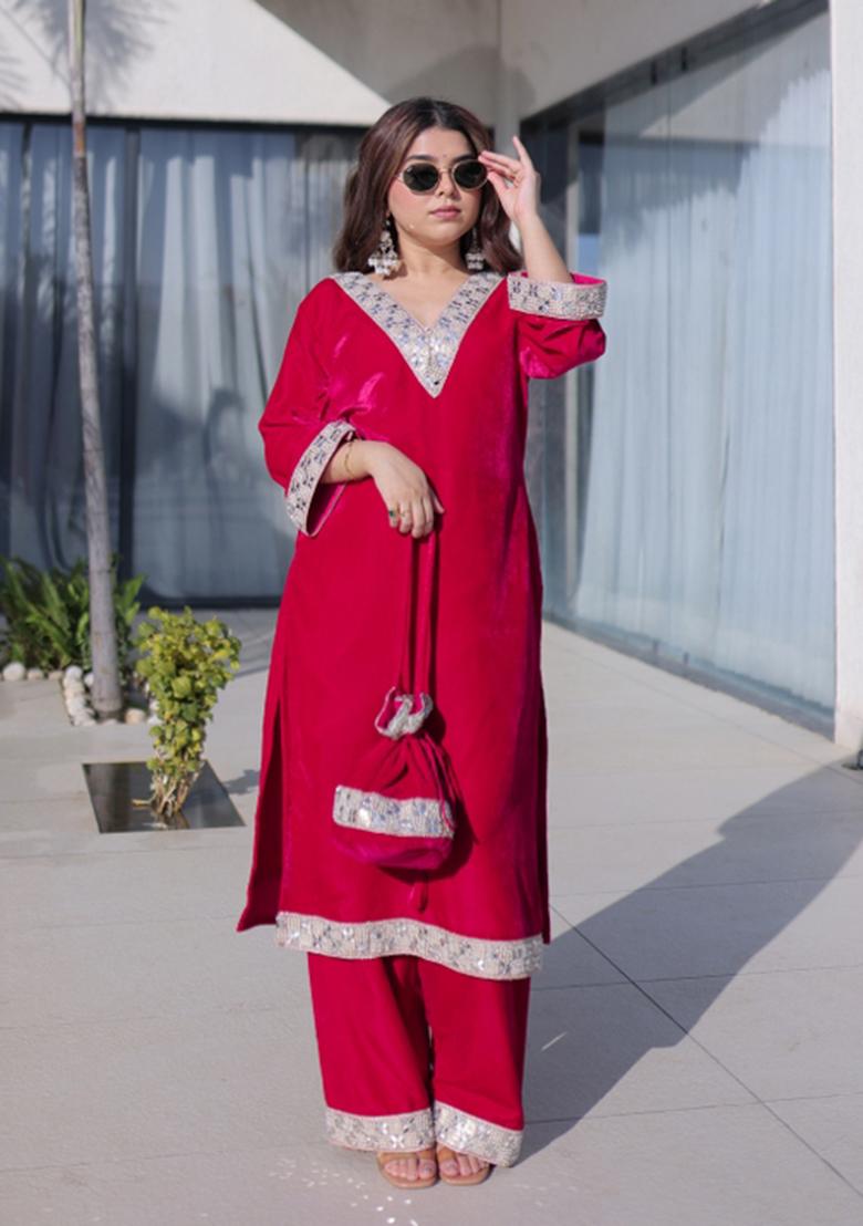 Pink Embroidered Velvet Anarkali Set - Indya