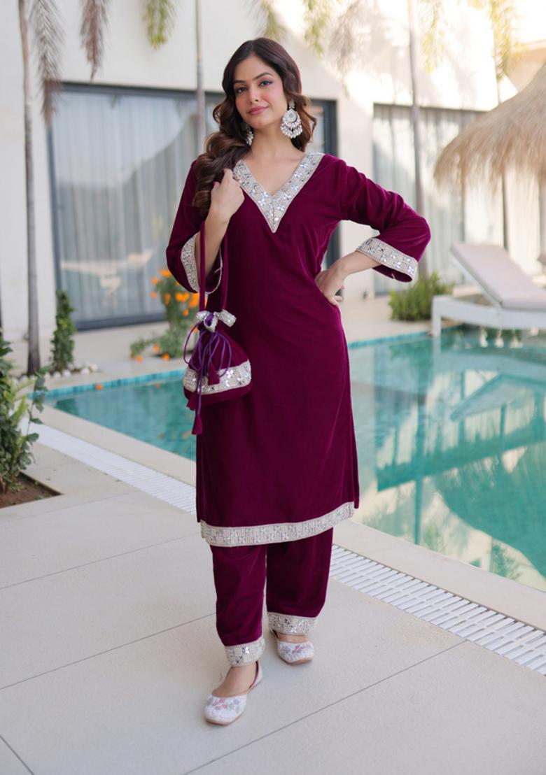 Pink Embroidered Velvet Anarkali Set - Indya